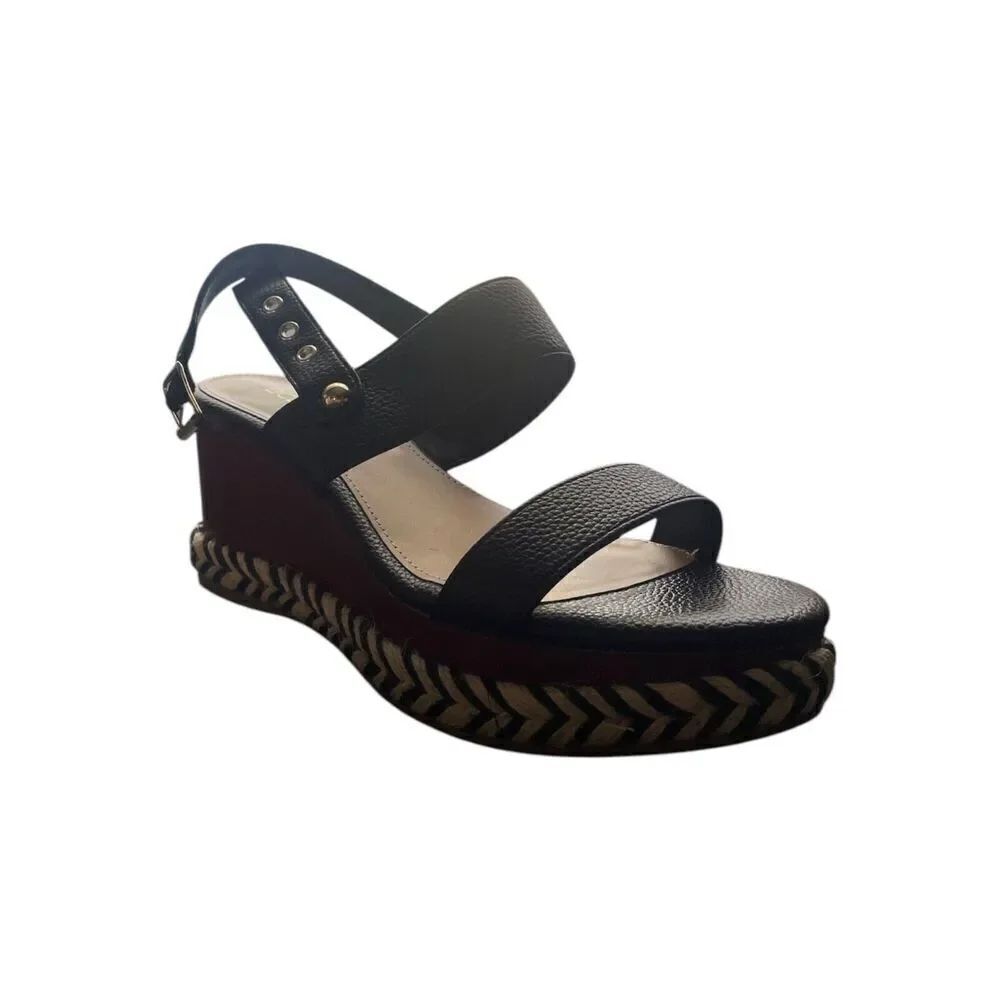 BCBGeneration Allia Black Wedge Sandals Open Toe Ankle Strap Womens Size 8M NWB
